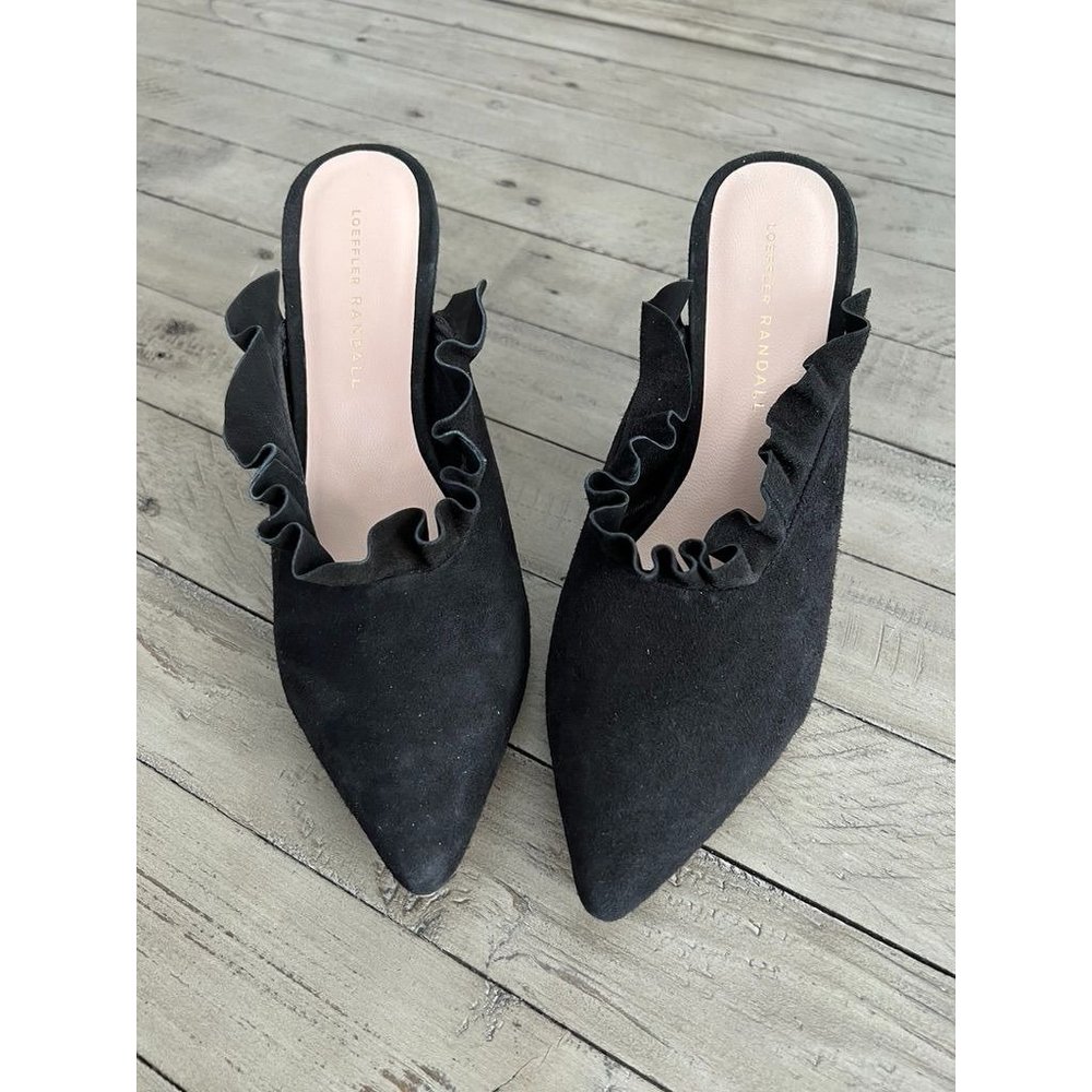 NWOB Loeffler Randall Langley Suede Ruffle Mule Slide Heels Size 9 Black